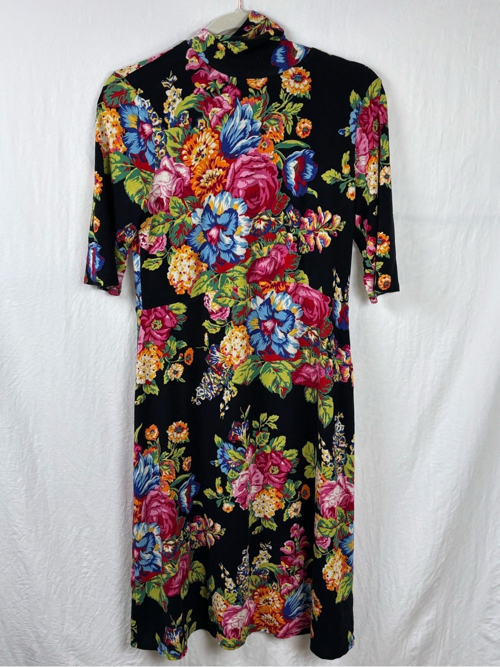 Ettitwa Anthropologie women’s Medium Black Midi Dress w/Vibrant Floral Bouquet